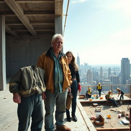 A cinematic wide shot of an older man and a woman standing on an empty floor of a partially constructed building