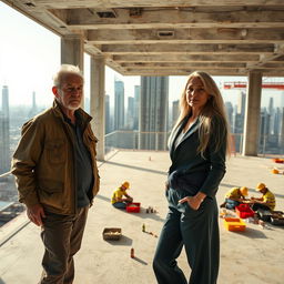 A cinematic wide shot of an older man and a woman standing on an empty floor of a partially constructed building