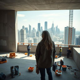 A cinematic wide shot of an older man and a woman standing on an empty floor of a partially constructed building