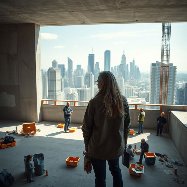 A cinematic wide shot of an older man and a woman standing on an empty floor of a partially constructed building