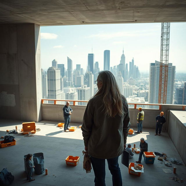 A cinematic wide shot of an older man and a woman standing on an empty floor of a partially constructed building