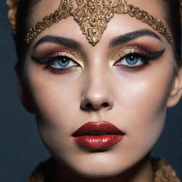 Dramatic close-up picture of a model with a unique, intricate makeup inspiration, styled in the context of an editorial magazine photoshoot with superior lighting and composition