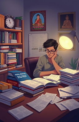 A conceptual illustration depicting a serene scene of a student preparing for an exam the night before