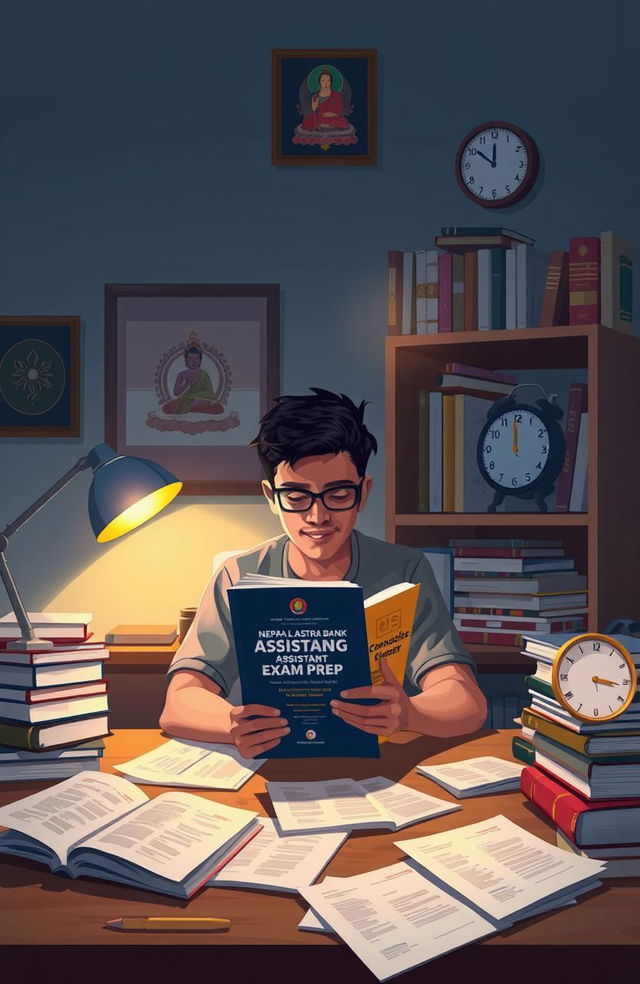 A conceptual illustration depicting a serene scene of a student preparing for an exam the night before