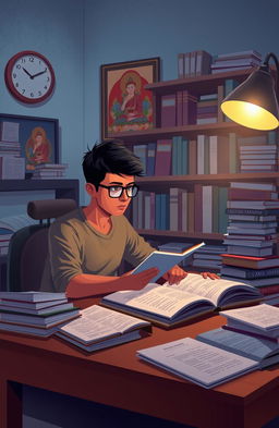 A conceptual illustration depicting a serene scene of a student preparing for an exam the night before