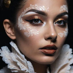 Dramatic close-up picture of a model with a unique, intricate makeup inspiration, styled in the context of an editorial magazine photoshoot with superior lighting and composition