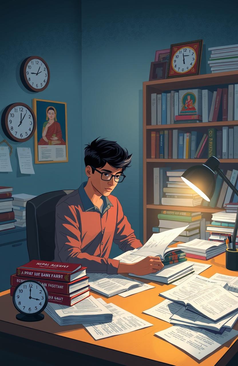 A conceptual illustration depicting a serene scene of a student preparing for an exam the night before