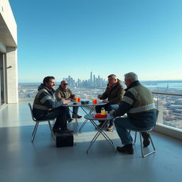 A cinematic shot capturing a group of worker men having lunch on an empty floor of a construction building