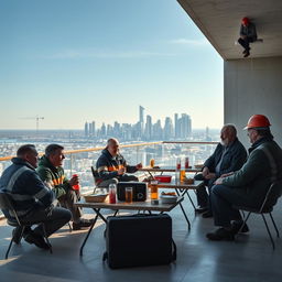 A cinematic shot capturing a group of worker men having lunch on an empty floor of a construction building