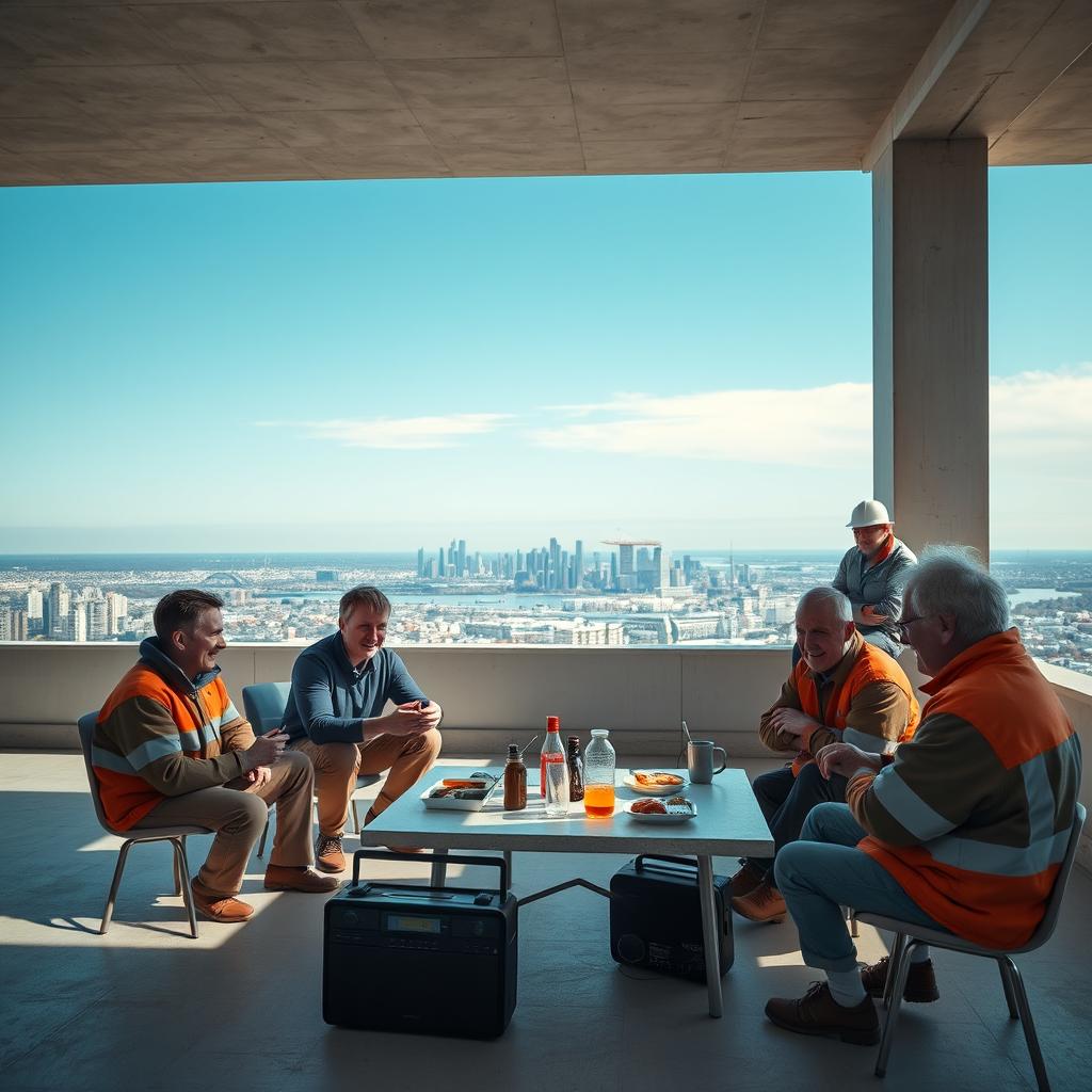 A cinematic shot capturing a group of worker men having lunch on an empty floor of a construction building