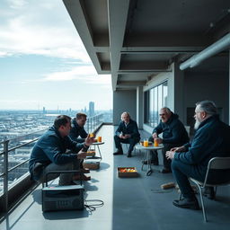 A cinematic shot capturing a group of worker men having lunch on an empty floor of a construction building