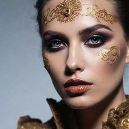 Dramatic close-up picture of a model with a unique, intricate makeup inspiration, styled in the context of an editorial magazine photoshoot with superior lighting and composition