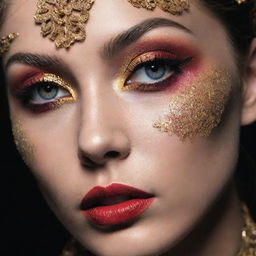 Dramatic close-up picture of a model with a unique, intricate makeup inspiration, styled in the context of an editorial magazine photoshoot with superior lighting and composition