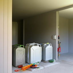 interior home garage showing 3 10-liter jerry cans