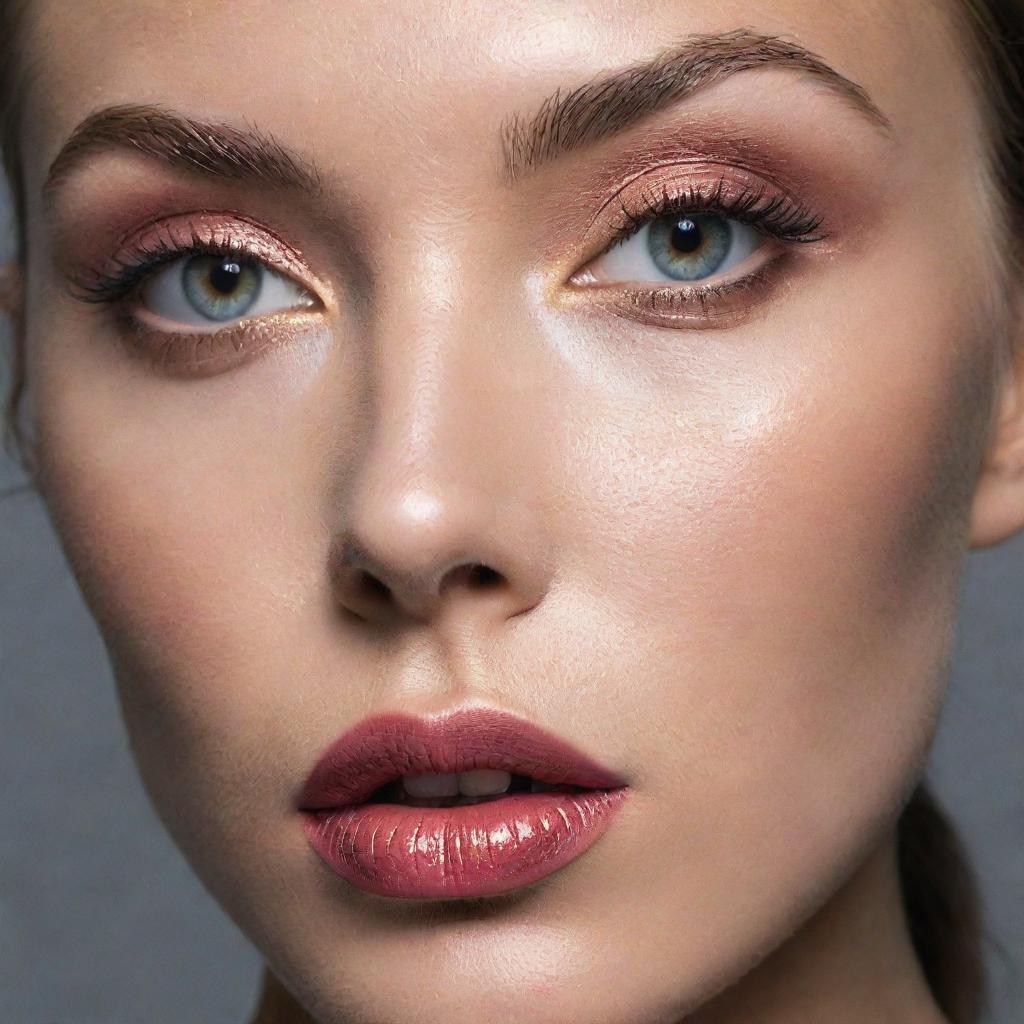 Intense close-up photograph of a model showcasing a fresh and detailed makeup inspiration in an editorial magazine photoshoot setting, featuring immaculate composition and lighting