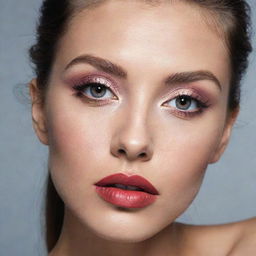 Intense close-up photograph of a model showcasing a fresh and detailed makeup inspiration in an editorial magazine photoshoot setting, featuring immaculate composition and lighting