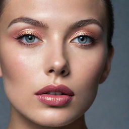 Intense close-up photograph of a model showcasing a fresh and detailed makeup inspiration in an editorial magazine photoshoot setting, featuring immaculate composition and lighting