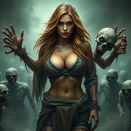 A strong and fierce Nordic woman with striking features and long flowing hair, confidently standing amidst a horde of zombies