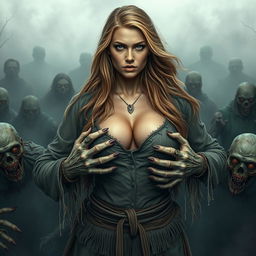 A strong and fierce Nordic woman with striking features and long flowing hair, confidently standing amidst a horde of zombies