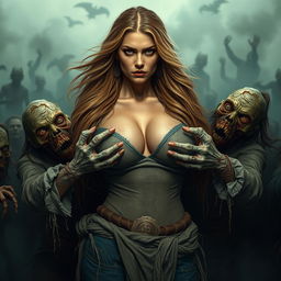 A strong and fierce Nordic woman with striking features and long flowing hair, confidently standing amidst a horde of zombies