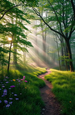 A serene landscape depicting a tranquil forest at dawn, sunlight filtering through the dense canopy of emerald leaves, creating a gentle glow