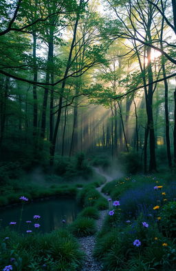 A serene landscape depicting a tranquil forest at dawn, sunlight filtering through the dense canopy of emerald leaves, creating a gentle glow