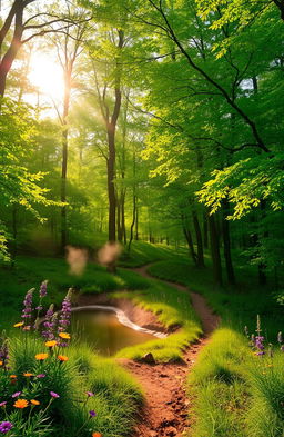 A serene landscape depicting a tranquil forest at dawn, sunlight filtering through the dense canopy of emerald leaves, creating a gentle glow