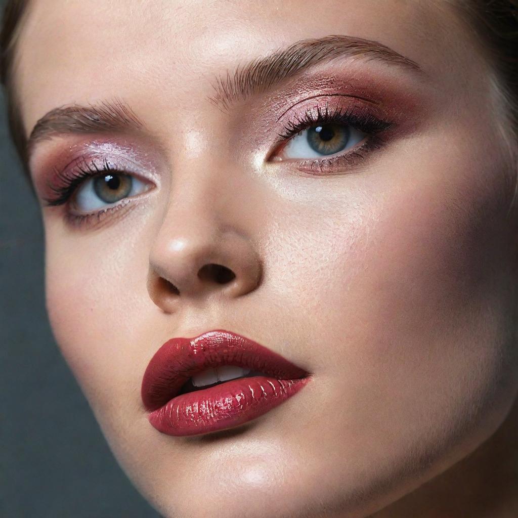 Striking close-up image of a model showcasing a new, complex makeup inspiration, captured in the style of an editorial magazine photoshoot with excellent composition and lighting