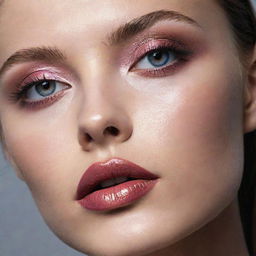 Striking close-up image of a model showcasing a new, complex makeup inspiration, captured in the style of an editorial magazine photoshoot with excellent composition and lighting