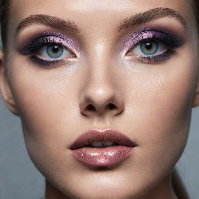 Striking close-up image of a model showcasing a new, complex makeup inspiration, captured in the style of an editorial magazine photoshoot with excellent composition and lighting