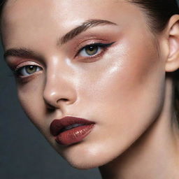 Striking close-up image of a model showcasing a new, complex makeup inspiration, captured in the style of an editorial magazine photoshoot with excellent composition and lighting