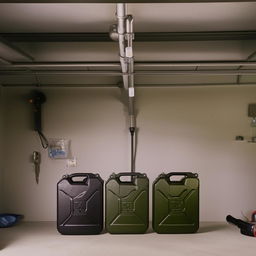 interior home garage showing 3 10-liter jerry cans