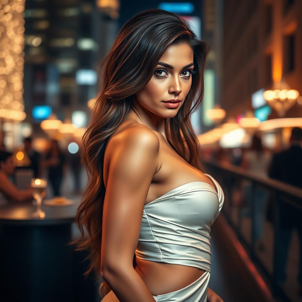 A stunningly beautiful and attractive woman in a glamorous setting, dressed in elegant evening attire that highlights her curves