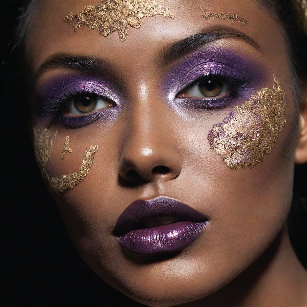 Closeup shot of a model portraying different, intricate makeup inspiration, reflecting an editorial magazine shoot with perfect composition and dramatic lighting