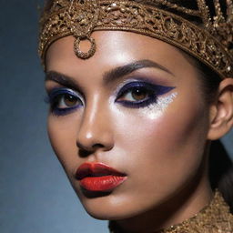 Closeup shot of a model portraying different, intricate makeup inspiration, reflecting an editorial magazine shoot with perfect composition and dramatic lighting