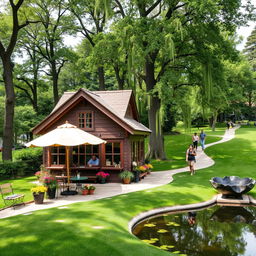 A charming, quaint café situated within a lush green park, featuring a cozy outdoor seating area adorned with colorful potted flowers