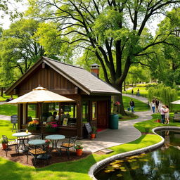 A charming, quaint café situated within a lush green park, featuring a cozy outdoor seating area adorned with colorful potted flowers