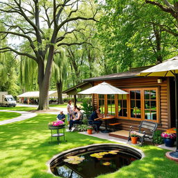 A charming, quaint café situated within a lush green park, featuring a cozy outdoor seating area adorned with colorful potted flowers