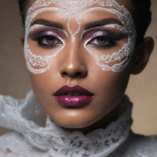 Closeup shot of a model portraying different, intricate makeup inspiration, reflecting an editorial magazine shoot with perfect composition and dramatic lighting