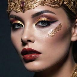 Closeup shot of a model portraying different, intricate makeup inspiration, reflecting an editorial magazine shoot with perfect composition and dramatic lighting