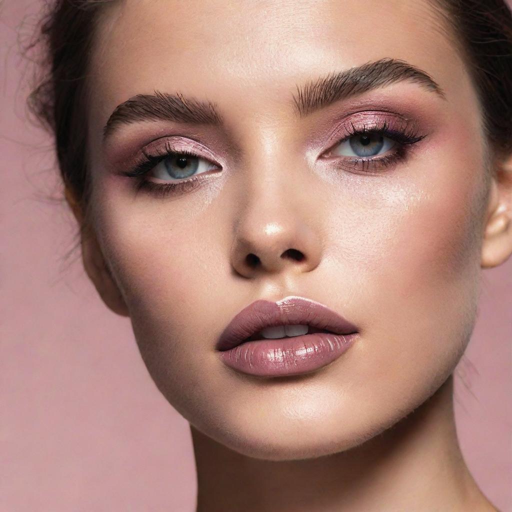 Captivating close-up image of a model sporting a new makeup inspiration, set against the backdrop of an editorial magazine photoshoot with superior composition and lighting