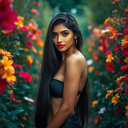 A stunning Indian woman with long black hair, perfect skin, and captivating features, positioned elegantly amidst a lush garden filled with colorful flowers