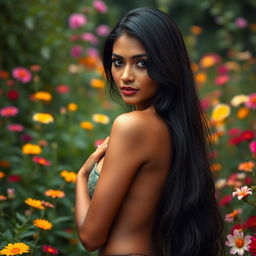 A stunning Indian woman with long black hair, perfect skin, and captivating features, positioned elegantly amidst a lush garden filled with colorful flowers