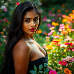 A stunning Indian woman with long black hair, perfect skin, and captivating features, positioned elegantly amidst a lush garden filled with colorful flowers