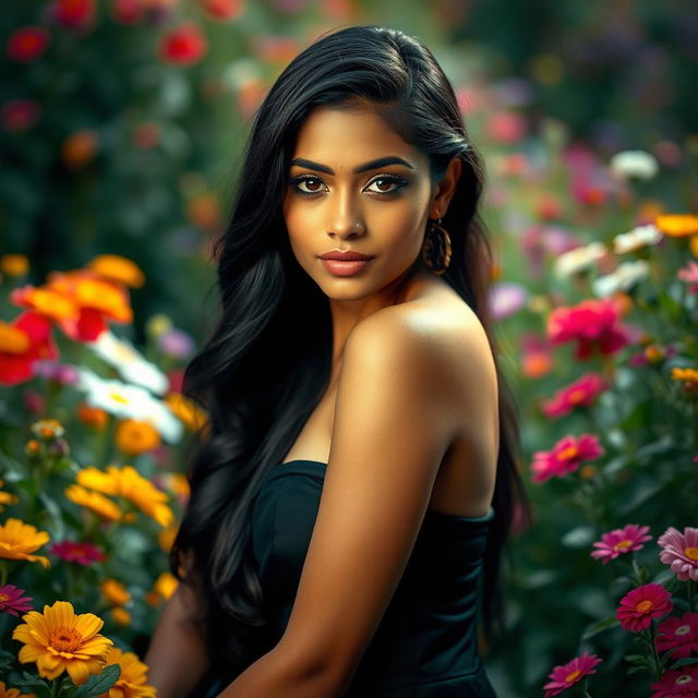 A stunning Indian woman with long black hair, perfect skin, and captivating features, positioned elegantly amidst a lush garden filled with colorful flowers