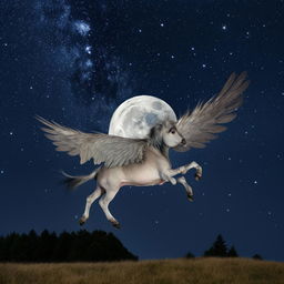 The winged Bovine Pegasus is now again gracefully leaping over a brightly lit full moon set against a mystic starry night sky.