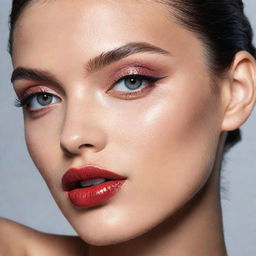 Captivating close-up image of a model sporting a new makeup inspiration, set against the backdrop of an editorial magazine photoshoot with superior composition and lighting