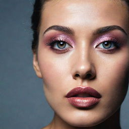 Intense close-up photograph of a model, featuring an alternate, intricate makeup inspiration placed within an editorial magazine photoshoot context, beaming with perfect composition and lighting