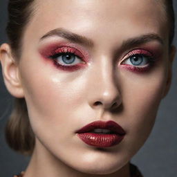 Intense close-up photograph of a model, featuring an alternate, intricate makeup inspiration placed within an editorial magazine photoshoot context, beaming with perfect composition and lighting