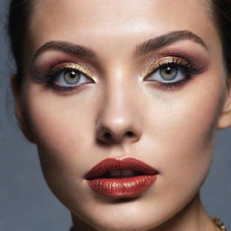 Intense close-up photograph of a model, featuring an alternate, intricate makeup inspiration placed within an editorial magazine photoshoot context, beaming with perfect composition and lighting